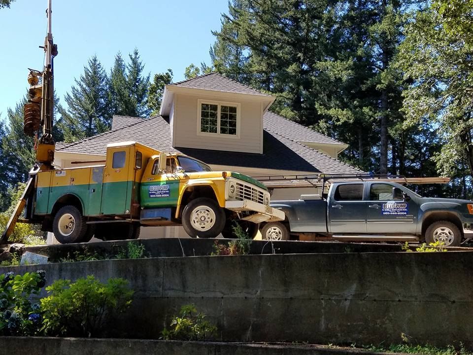 Trucks parked in front of a house. One is yellow and green, the other is grey. Trees and sky in the background. Trucks parked in front of a house. One is yellow and green, the other is grey. Trees and sky in the background.