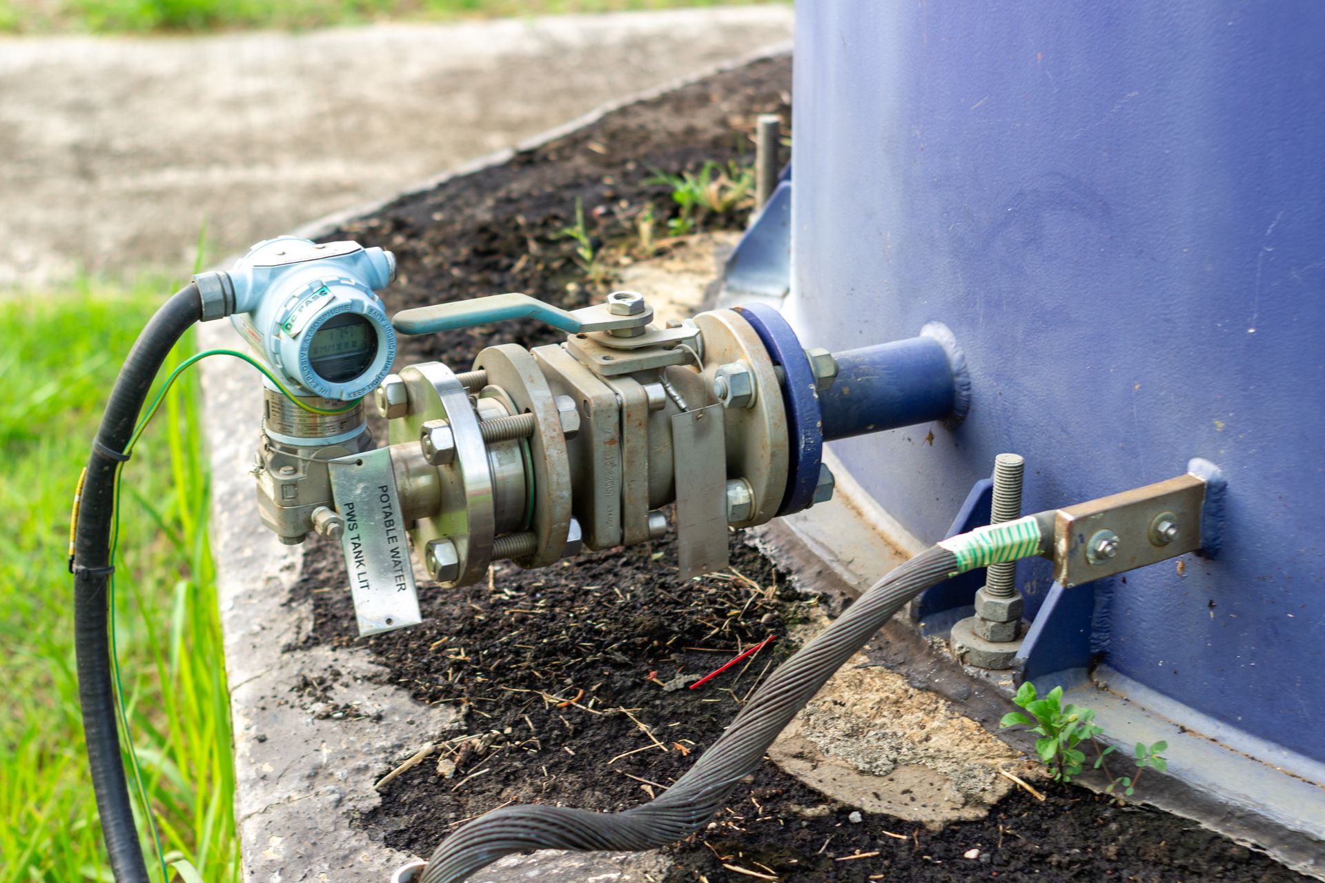 Blue industrial tank with pressure sensor and grounding wire. Blue industrial tank with pressure sensor and grounding wire.