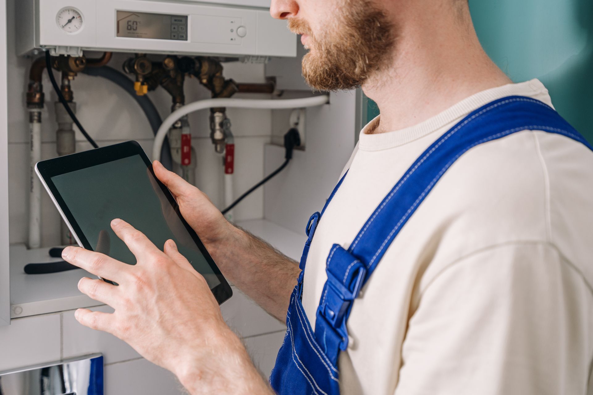 Technician in blue overalls examines a boiler with a tablet.