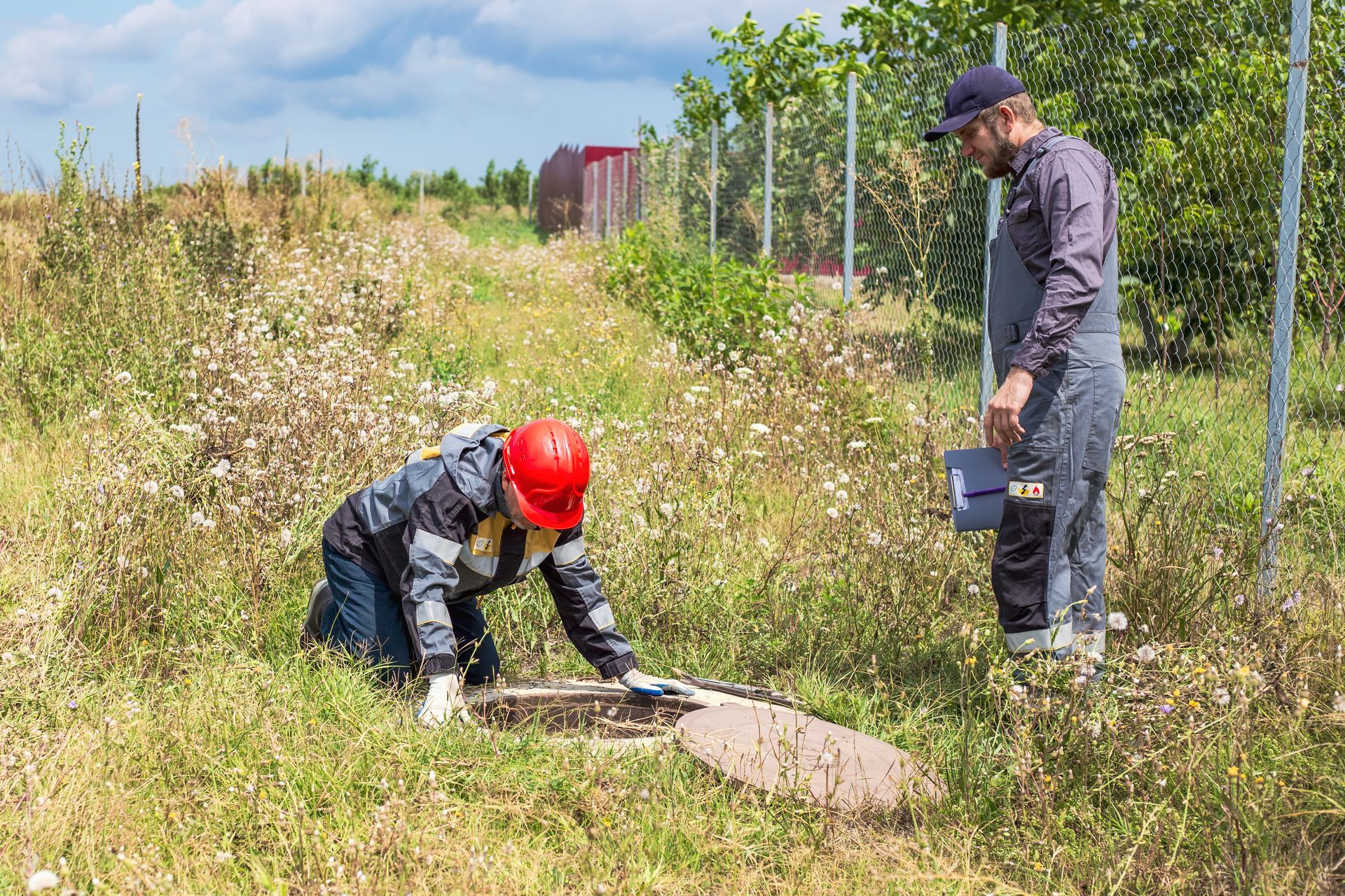Person working on water well in a hole in the ground, with blue pipes and valves visible. Person working on water well in a hole in the ground, with blue pipes and valves visible.