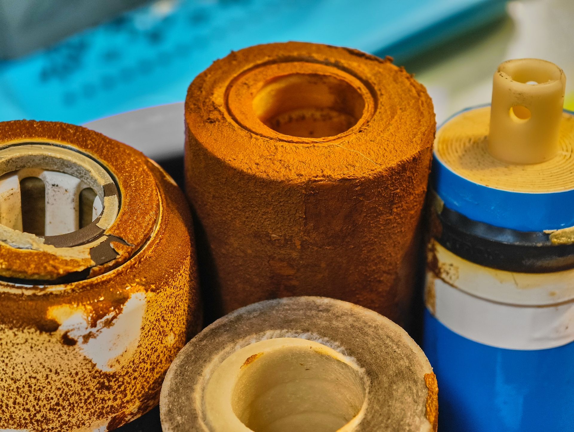 Several corroded cylindrical water filters in varying colors, stacked close together. Several corroded cylindrical water filters in varying colors, stacked close together.