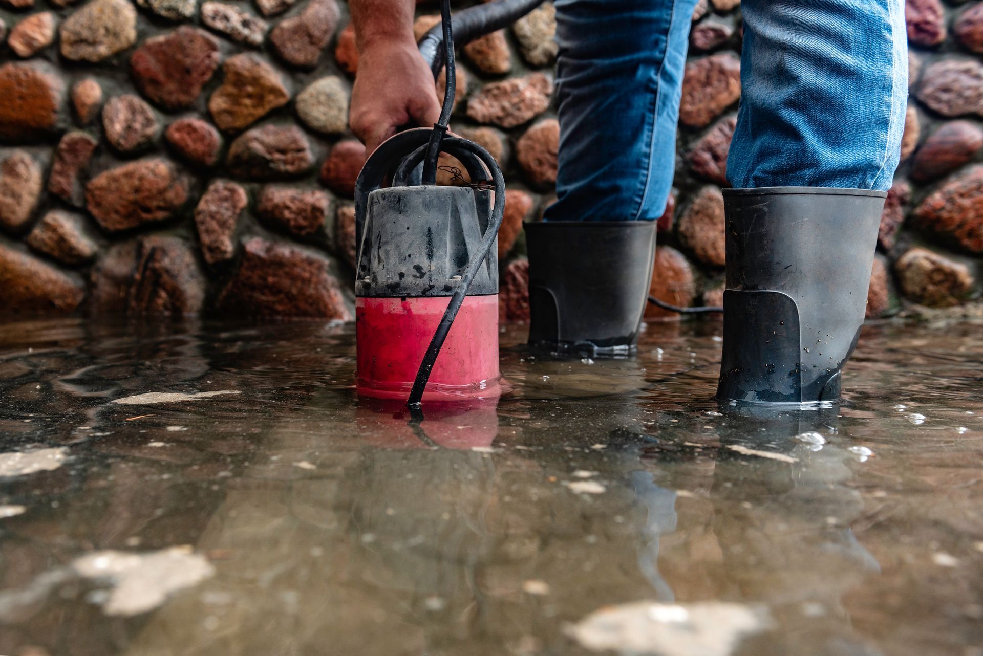 Person in boots holding a submersible pump in standing water in front of a stone wall.