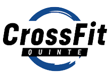 The logo for crossfit quinte is a blue circle with the word crossfit on it.