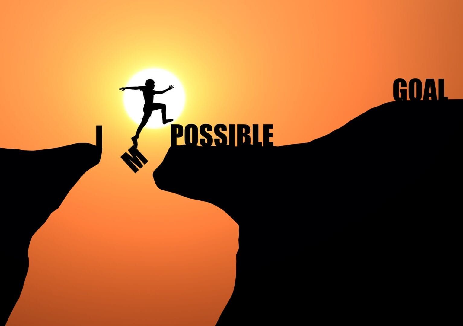 A silhouette of a person jumping over a cliff with the words impossible and goal in the background.