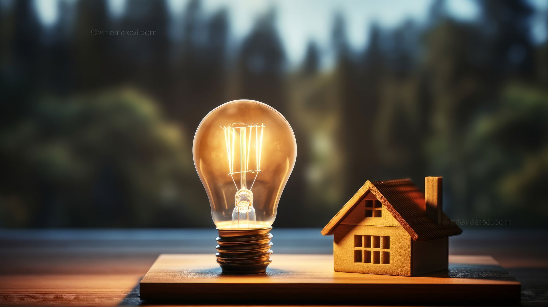Une ampoule et une petite maison sont sur une table en bois.