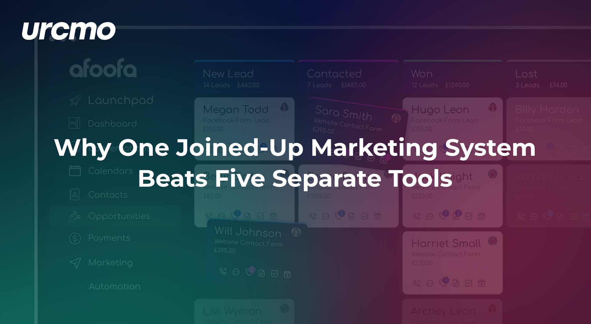 Urcmo marketing webpage hero in purple-green gradient with headline “Why One Joined-Up Marketing System Beats Five Separate Tools”