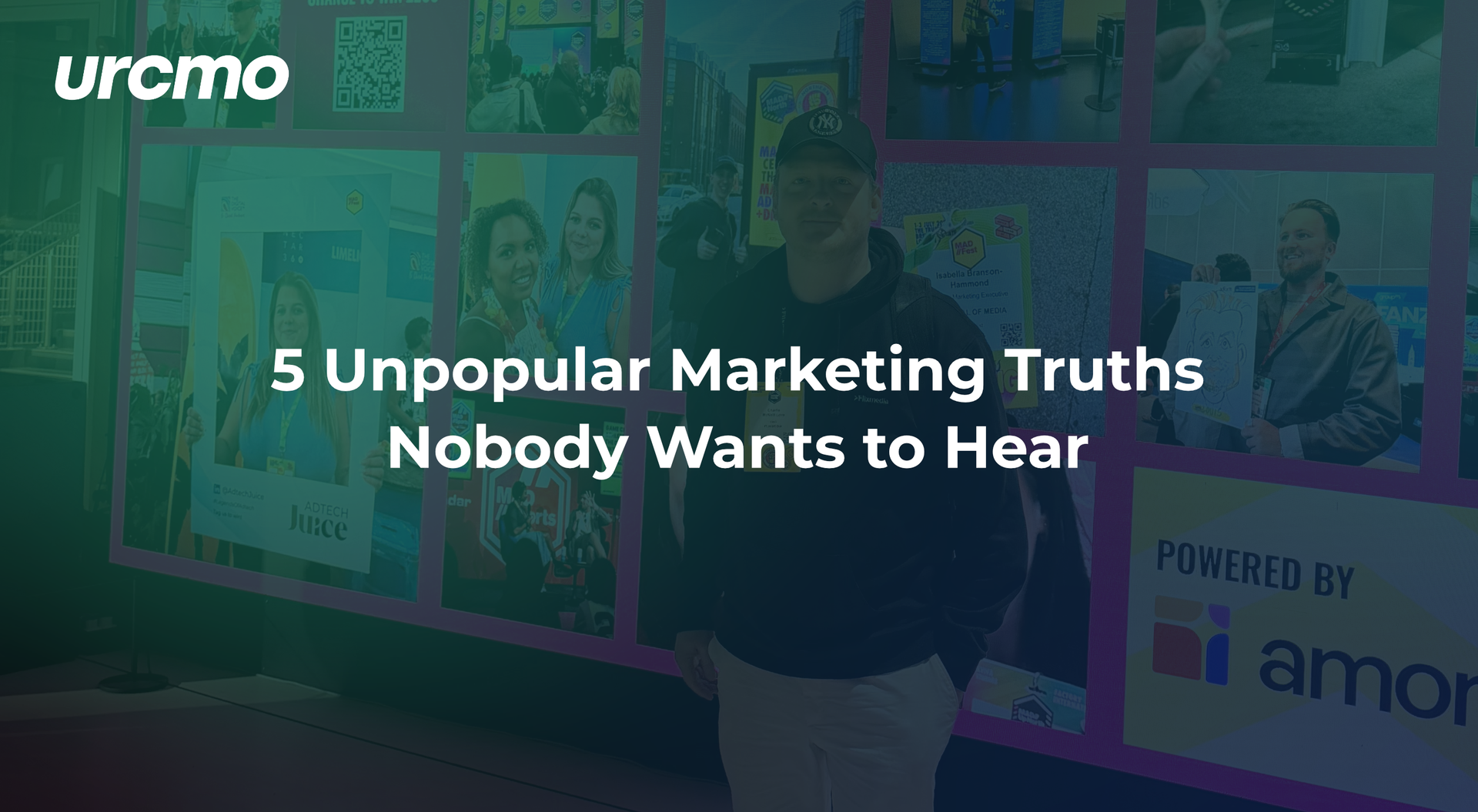 A person stands before a large, colorful display featuring the text 