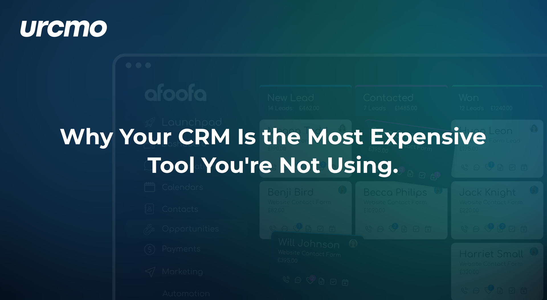 A teal and blue background displays the text: