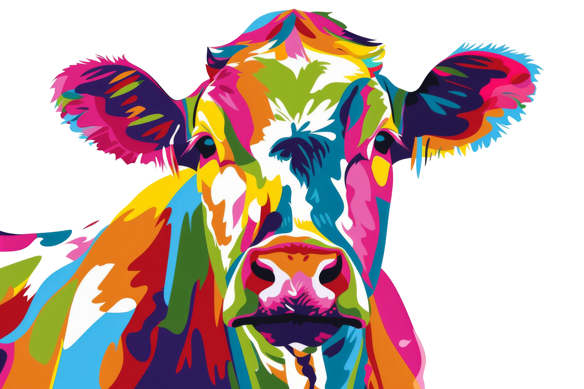 A colorful painting of a cow on a white background