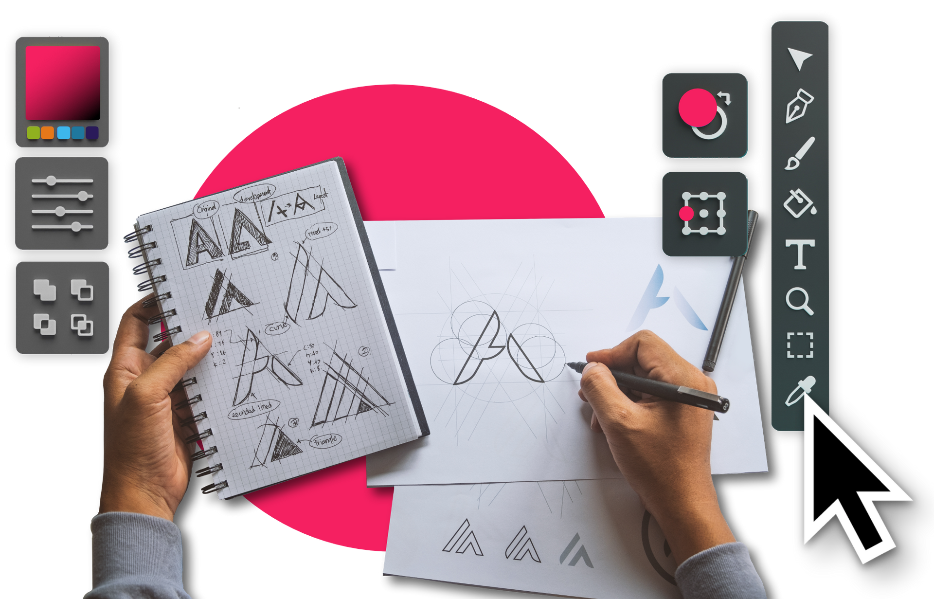 A person is drawing a logo in a notebook.