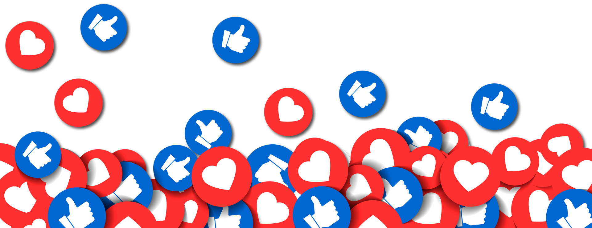 A bunch of red , white and blue thumbs up icons with hearts on them on a white background.