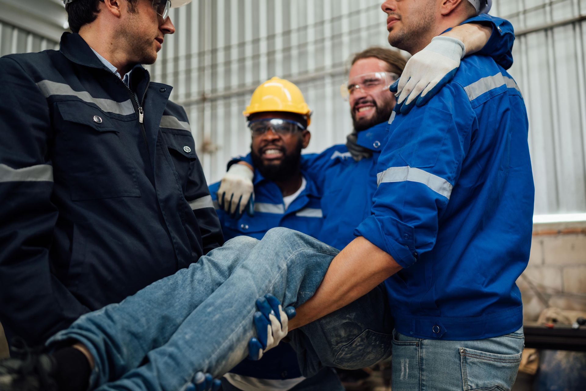 A group of men are carrying a man in a warehouse.