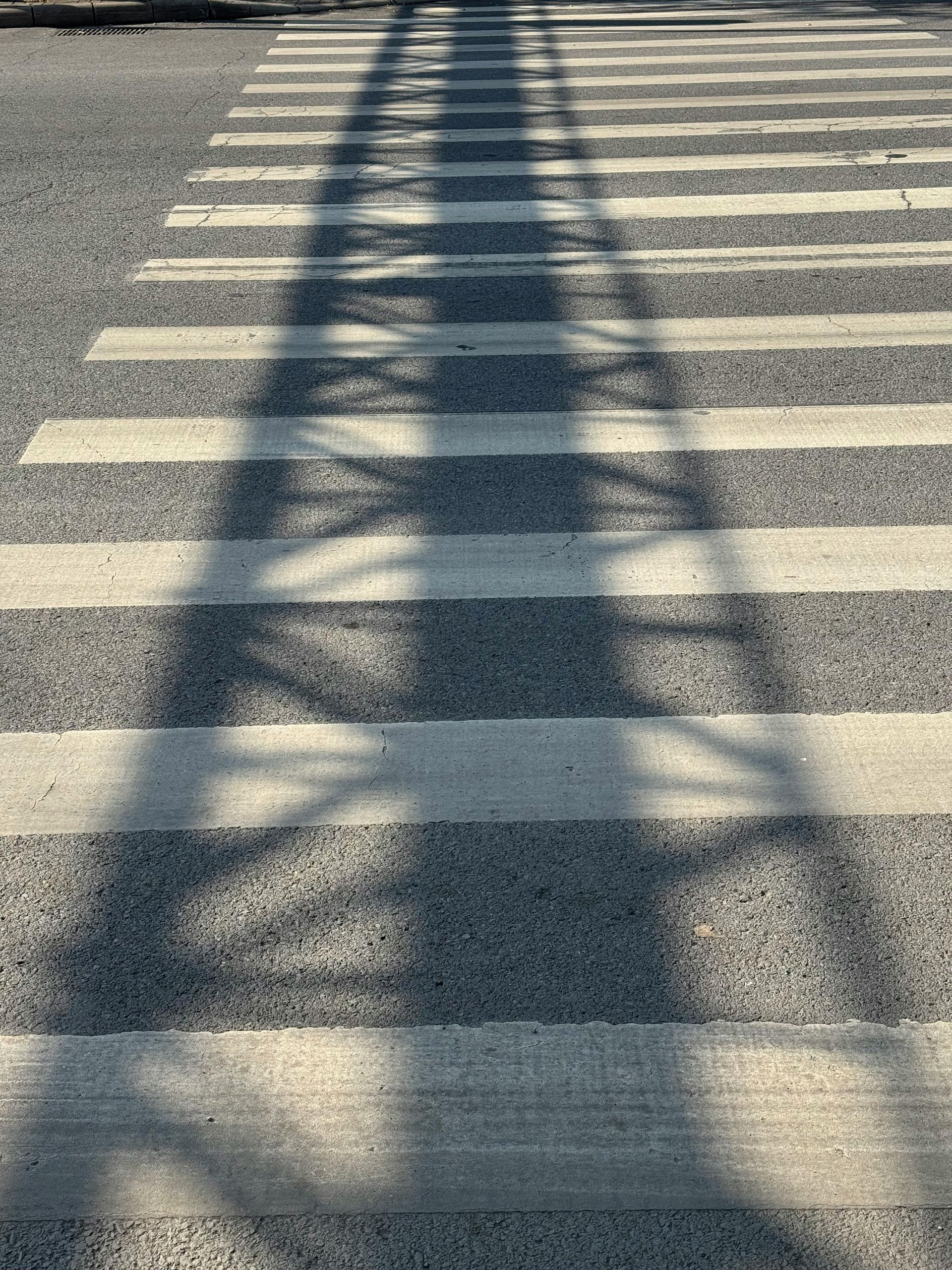 The long, dark shadow of a latticed steel tower cast across a white-striped pedestrian crosswalk on asphalt.