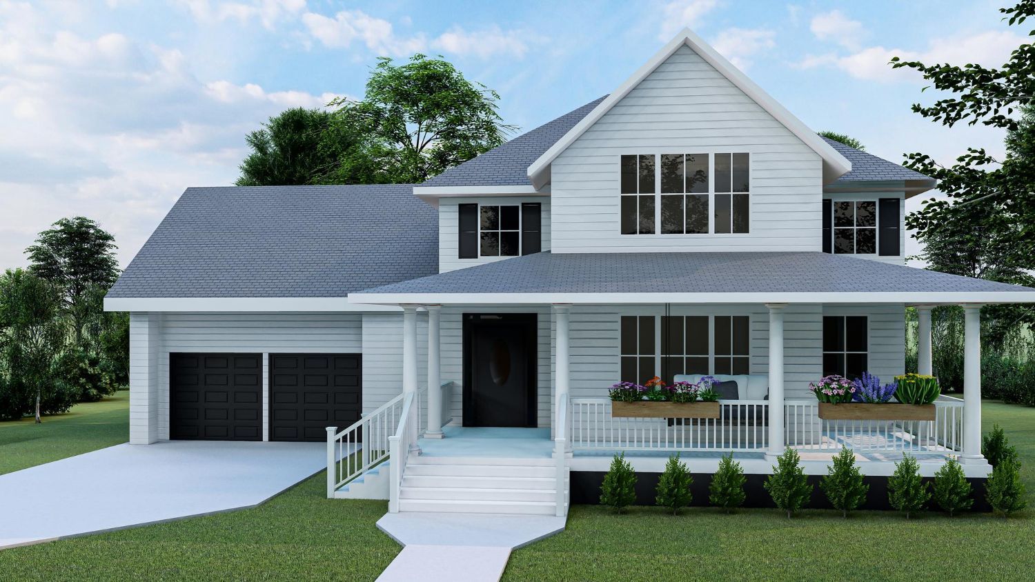 White two-story farmhouse with black garage doors, porch, and flower boxes; gray roof.