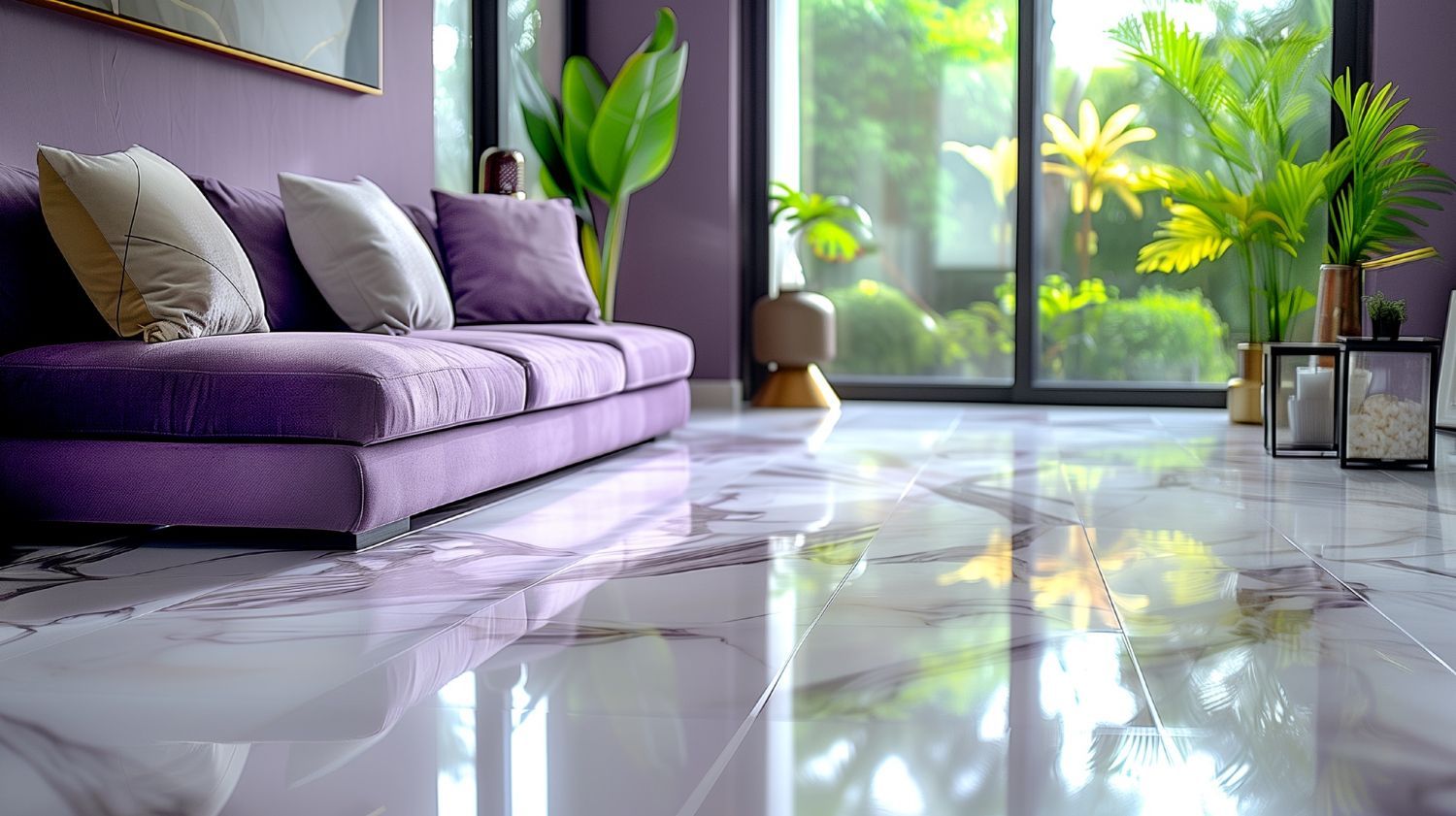 Purple-themed living room with a marble floor, sofa, plants, and large window overlooking a lush garden.