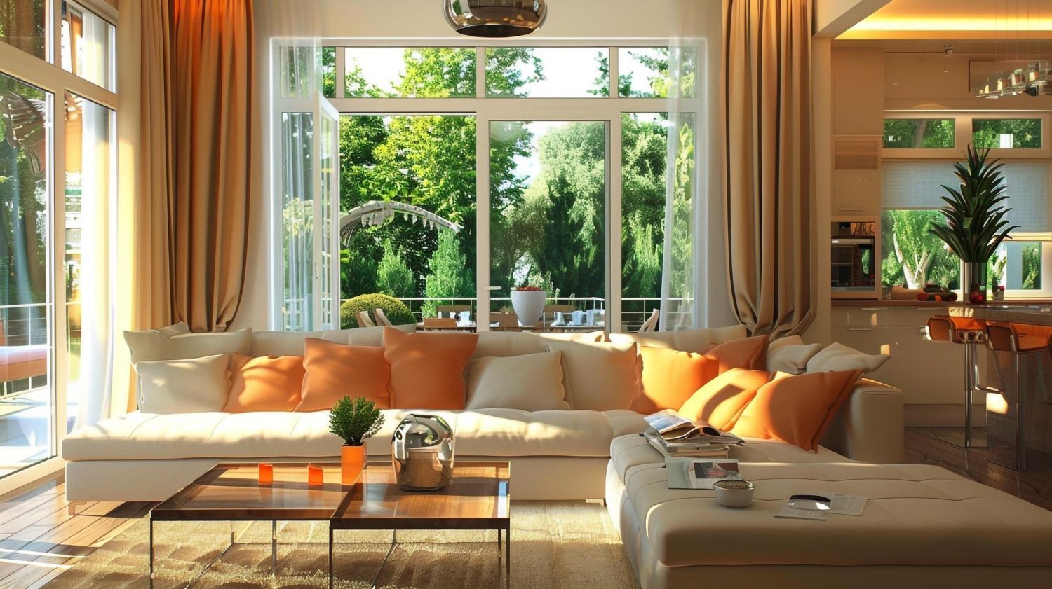 Bright living room with cream sectional sofa, orange pillows, and large window overlooking trees.