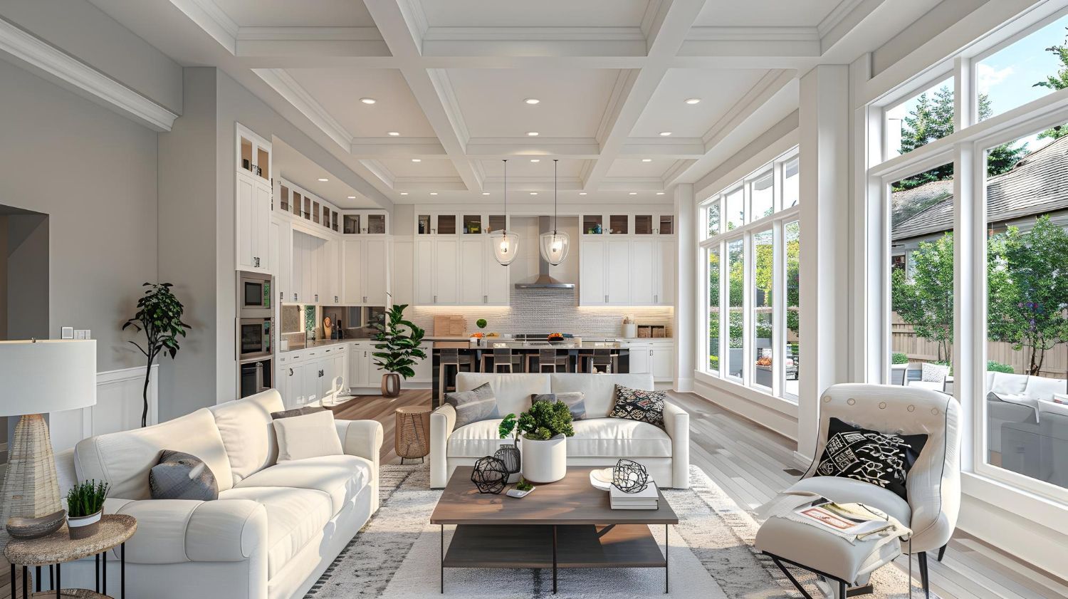 Bright living room with white sofas, large windows, and an open kitchen.