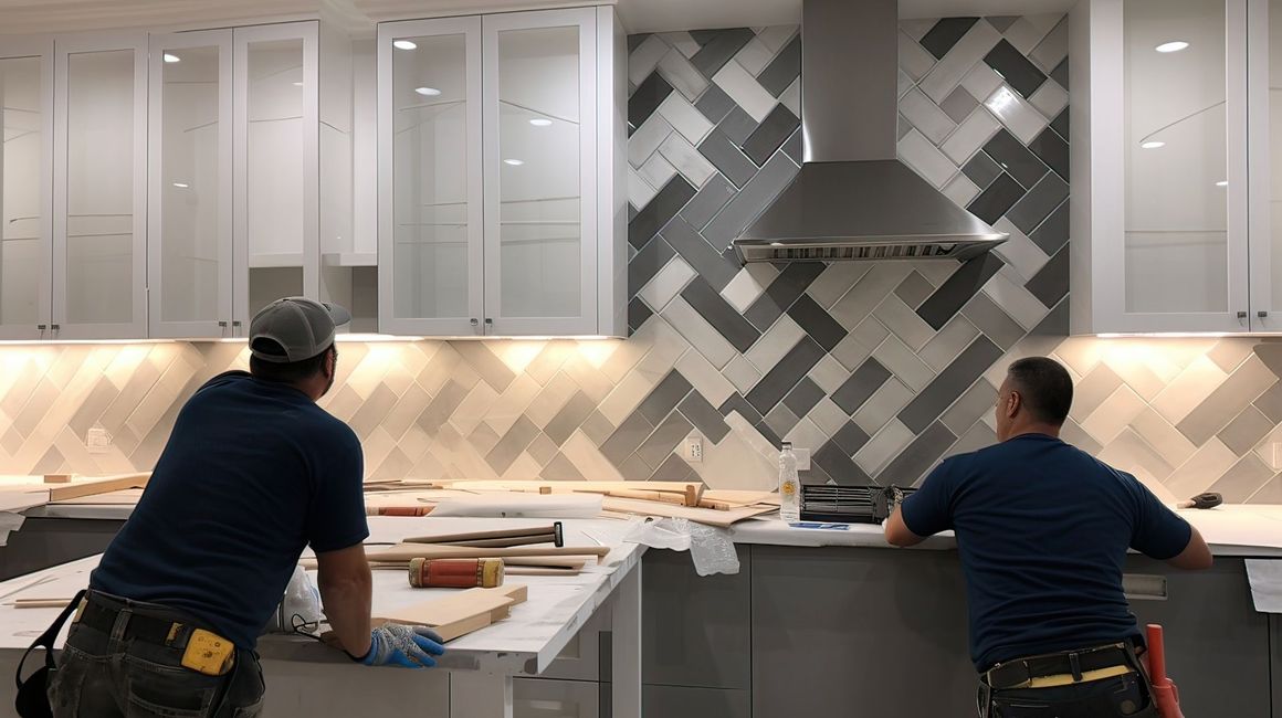 Two men are working on a kitchen counter.