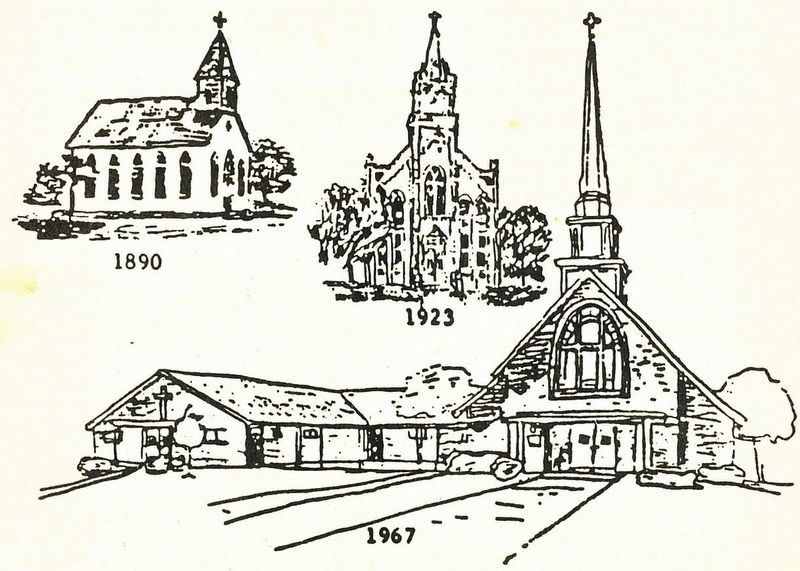 A black and white drawing of a church from 1890 and 1967