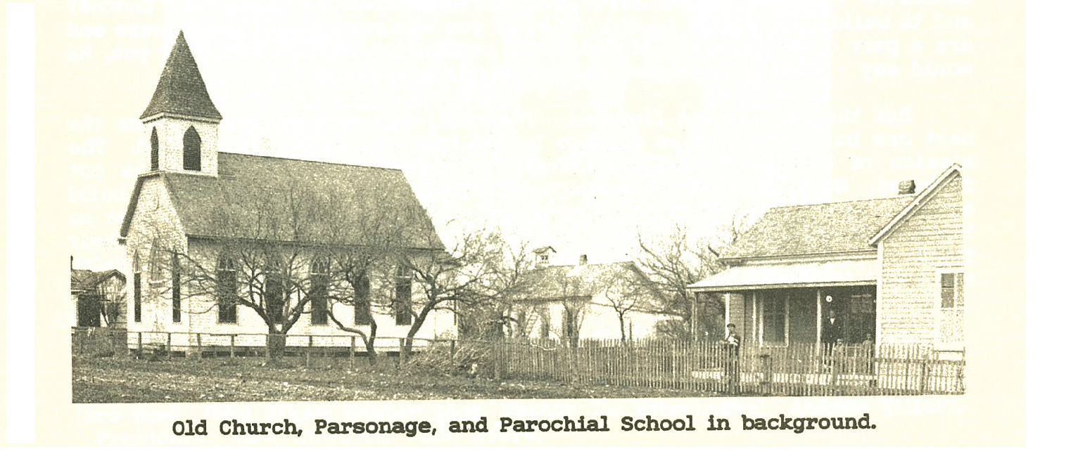 old church, parsonage, and parochial school in background