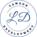 The logo for lawson development is a blue circle with the letters l and d inside of it.