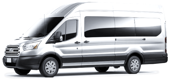 Side view of silver Ford Transit Passenger Van