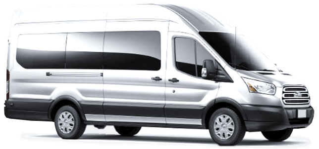 Side view of silver Ford Transit Passenger Van