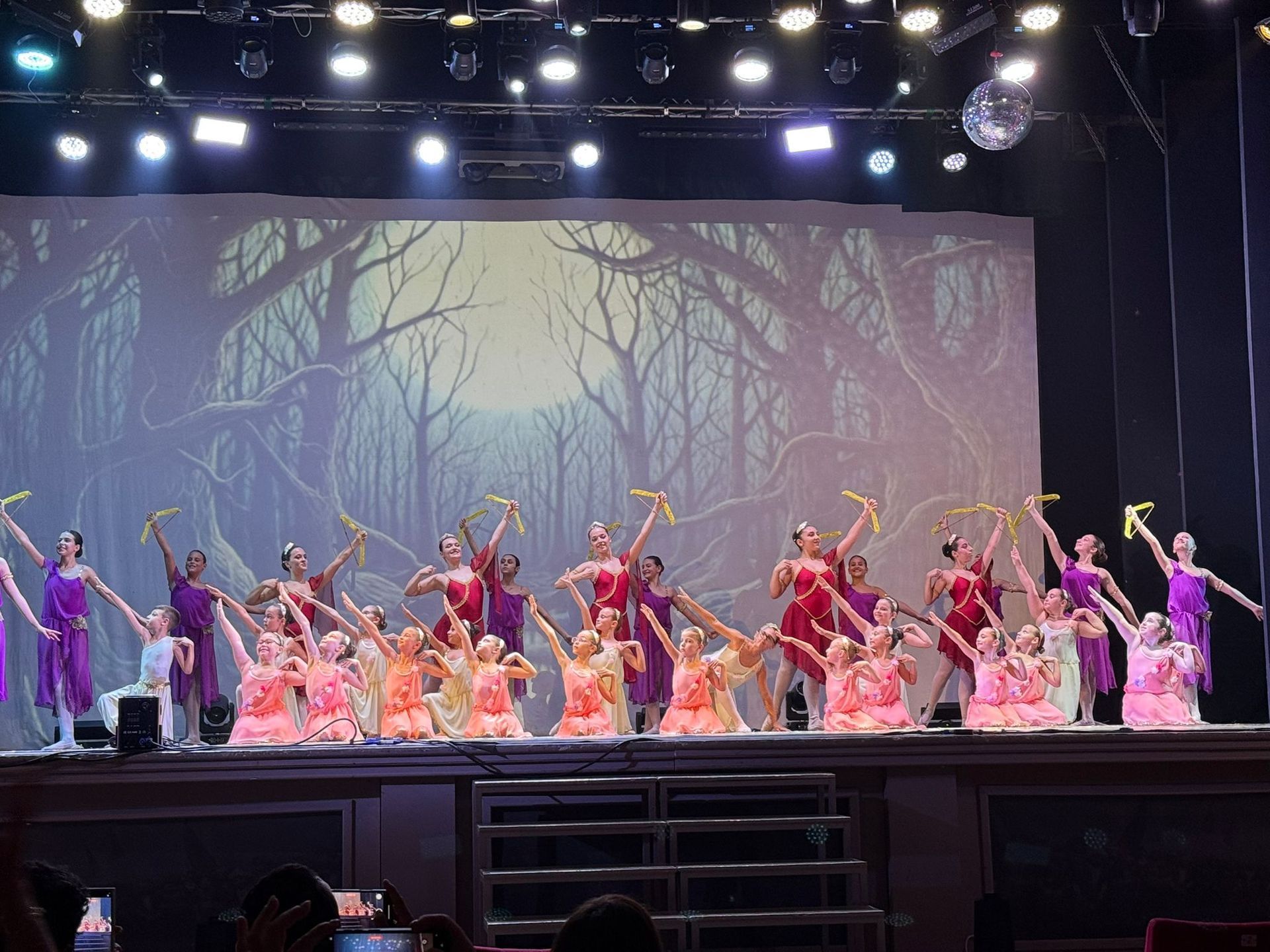 Ballerini sul palco, con indosso costumi colorati, che si esibiscono con oggetti di scena. Sullo sfondo la foresta.