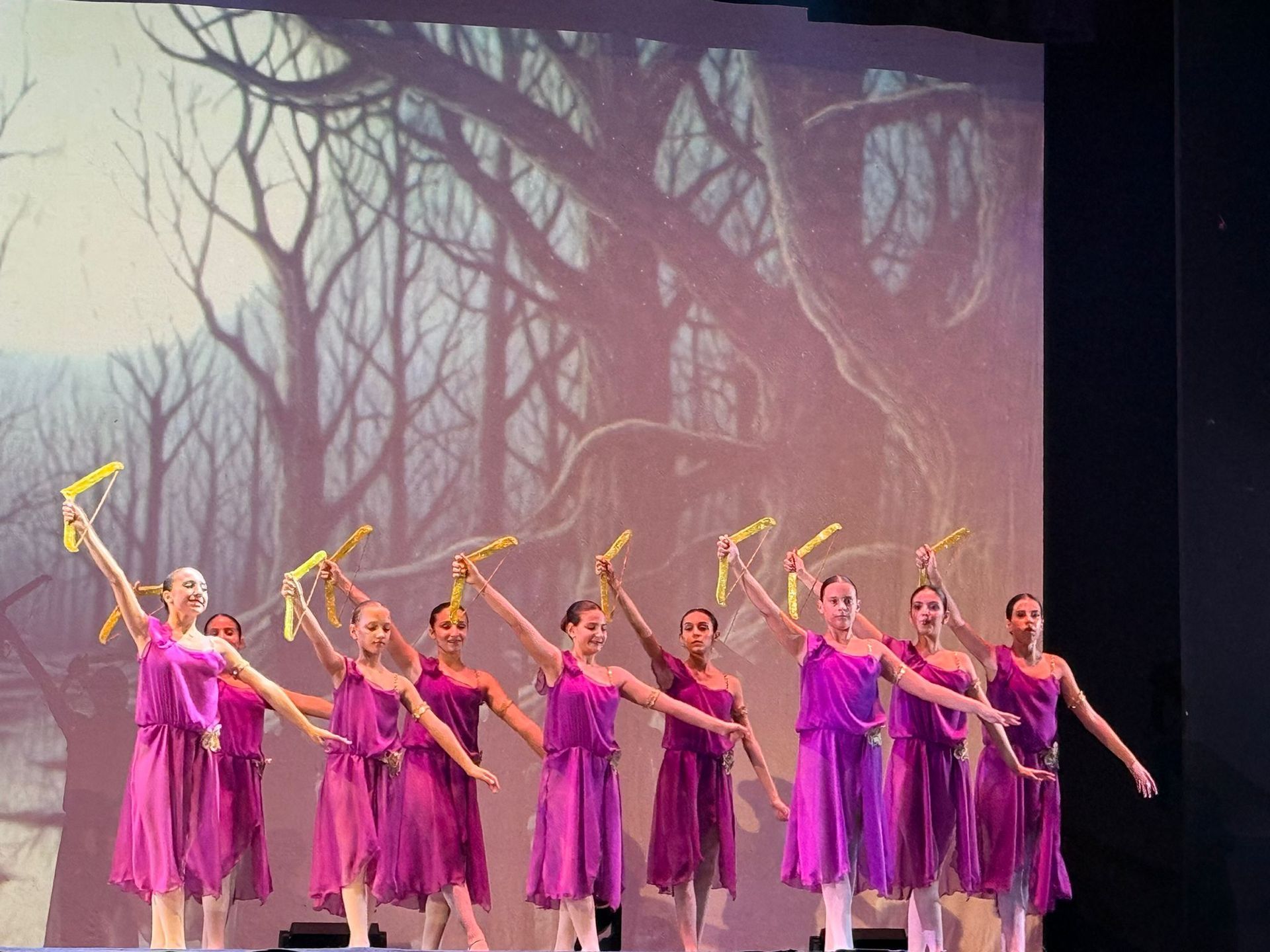 Ballerini in abiti viola con oggetti di scena gialli, si esibiscono sul palco con uno sfondo di foresta.
