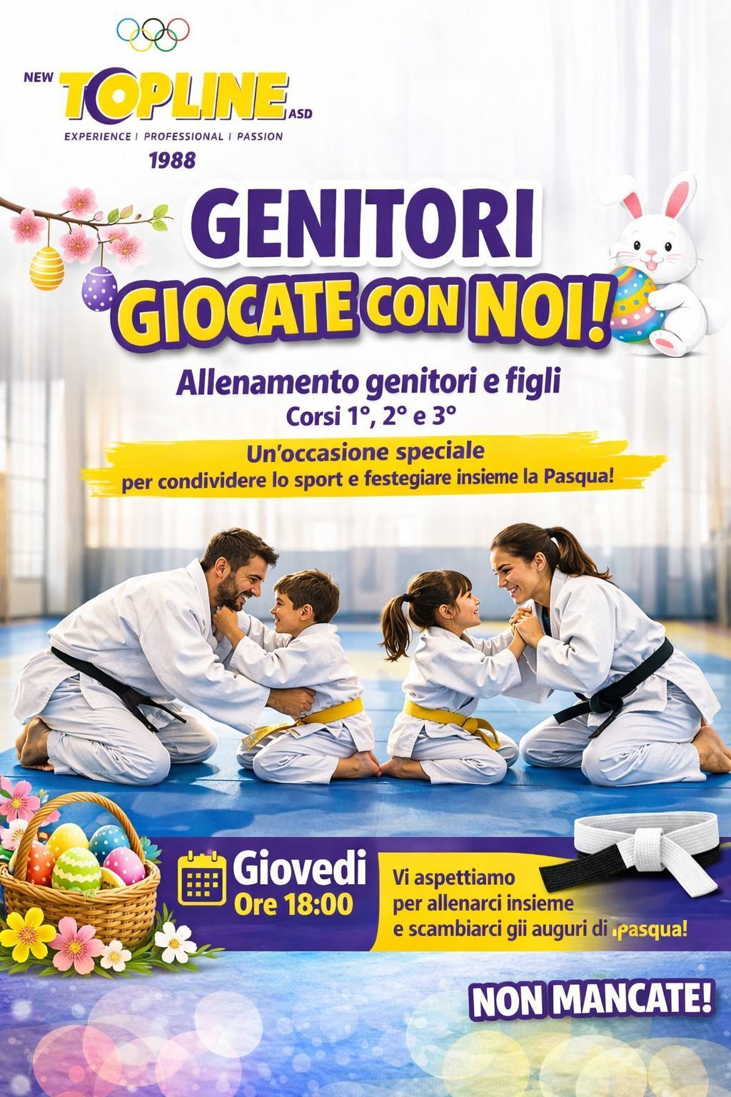 Gentili genitori,
in occasione delle festività pasquali, la nostra associazione è lieta di proporre un’iniziativa speciale dal titolo “Genitori giocate con noi”, dedicata alla condivisione dell’attività sportiva tra genitori e figli.
? Data: Giovedì 2 aprile 2026
⏰ Orario: Ore 18:00
? Luogo: Palestra sociale
L’evento è rivolto agli atleti dei corsi 1°, 2° e 3°, che avranno la possibilità di partecipare a un allenamento di judo insieme ai propri genitori.
L’attività sarà organizzata in forma ludico-motoria, nel rispetto delle capacità di ciascun partecipante, e rappresenterà un momento di:
	•	condivisione e collaborazione tra genitori e figli
	•	avvicinamento alla pratica del judo per le famiglie
	•	rafforzamento dei valori educativi e sportivi
	•	scambio degli auguri in occasione della Pasqua
? Abbigliamento consigliato per i genitori:
tuta sportiva o abbigliamento comodo (facoltativo il judogi)
Al termine dell’allenamento è previsto un momento conviviale per lo scambio degli auguri pasquali.
Certi della vostra partecipazione, vi invitiamo a vivere insieme questo momento di sport, crescita e divertimento.
Cordiali saluti
Lo Staff Tecnico