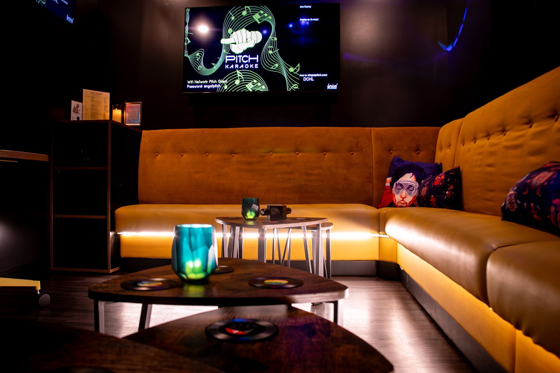 Interior shot of large private suite at Pitch Karaoke
