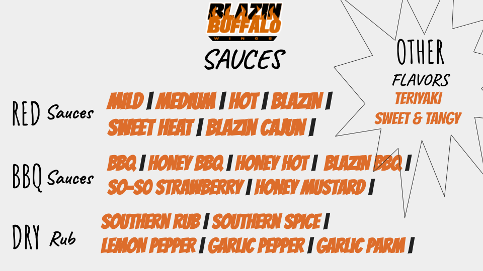Sauce menu — Phoenix, AZ — Blazin Buffalo Wings