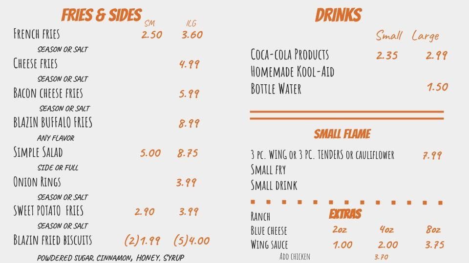 Sides and drinks menu — Phoenix, AZ — Blazin Buffalo Wings