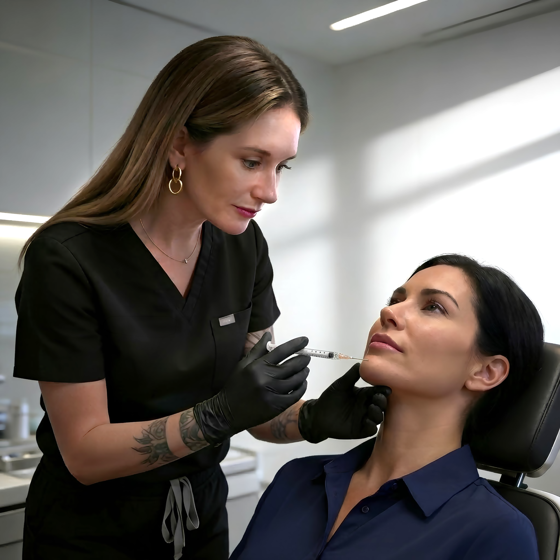 Woman receiving facial injections from a healthcare professional wearing black gloves in a clinic.
