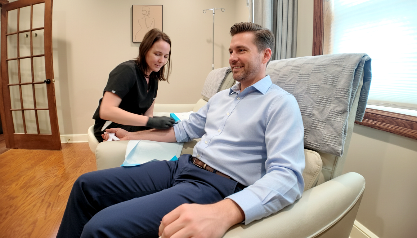 A man receives an IV infusion from a medical professional in a comfortable room.