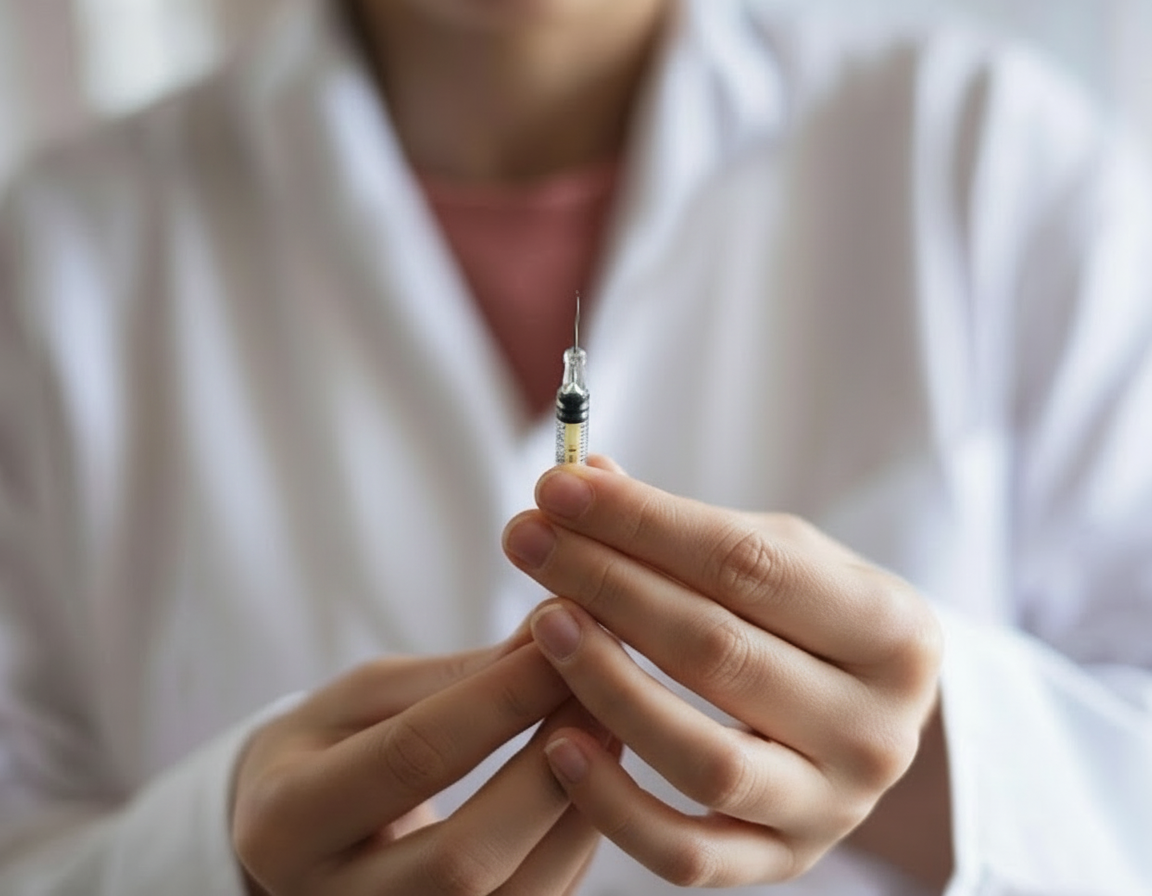 Doctor in white coat holds syringe with needle.