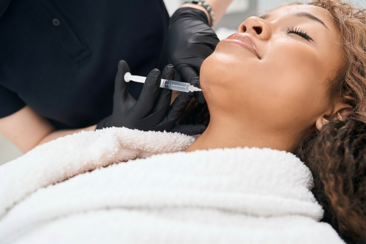 A close-up of a person receiving an injection on their forehead, in a medical setting.