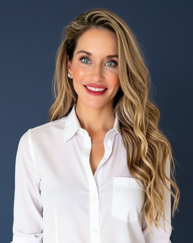 Woman with long blonde hair, wearing a white button-down shirt, smiling.