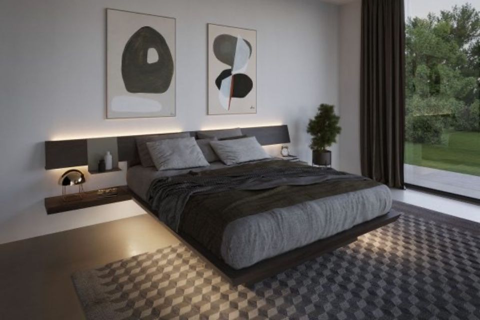 camera da letto con quadri astratti