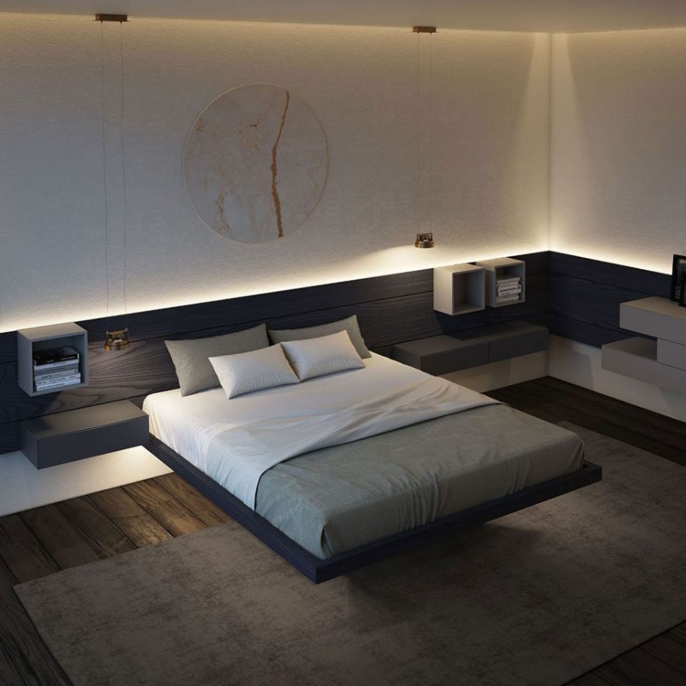 camera da letto con pannello in legno scuro e comodini sospesi