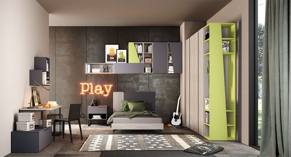 cameretta con elementi grigi e verde acido