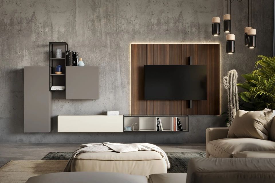 parete attrezzata con elemento in legno e moduli sospesi