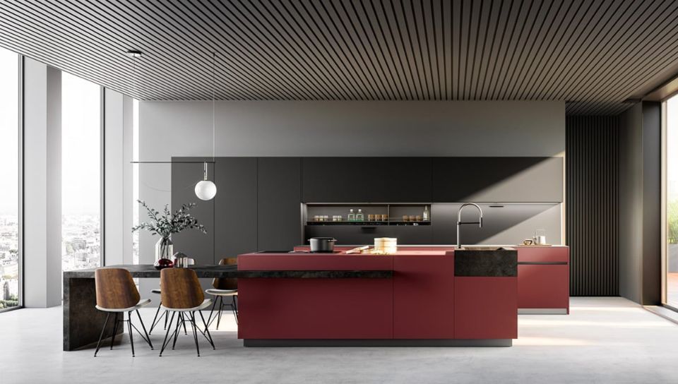 cucina con isola rossa