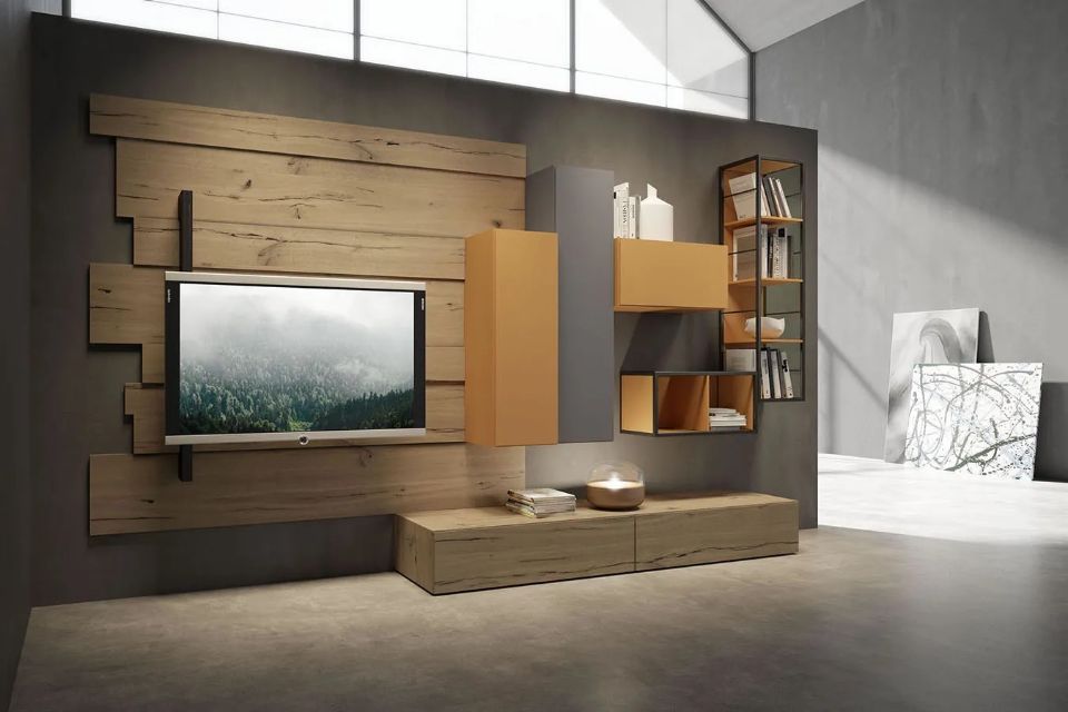 parete attrezzata con elementi gialli e grigi