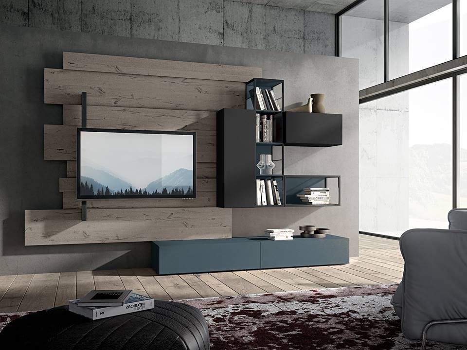 parete attrezzata con elementi in legno, neri e blu