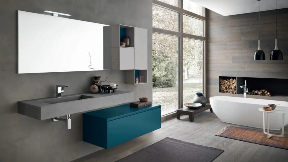 bagno in stile moderno con mobile color verde acqua