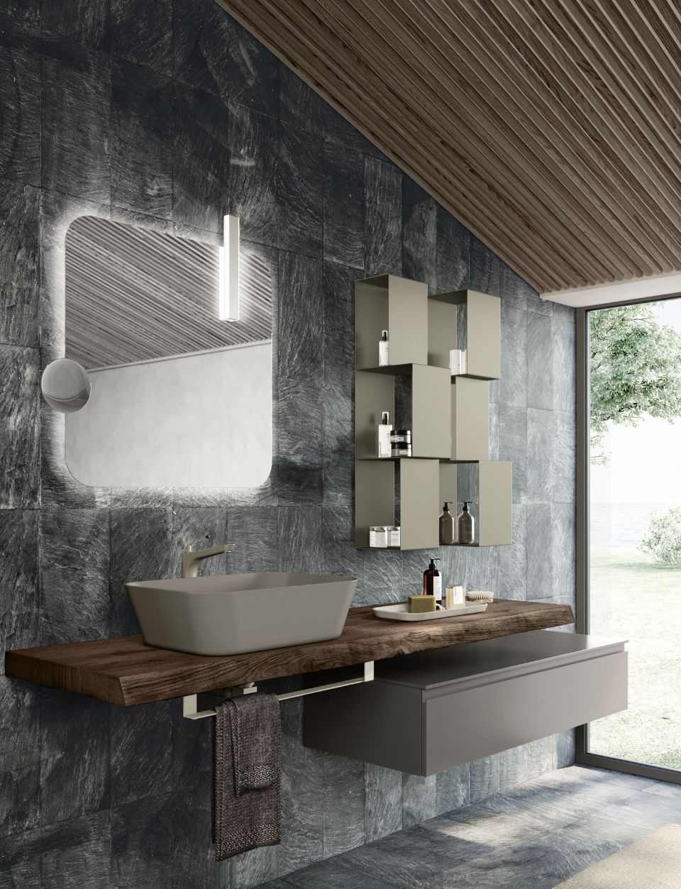 bagno con lavabo squadrato e piano di legno