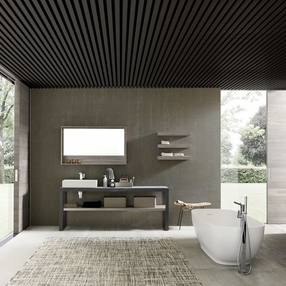 bagno con arredi color tortora