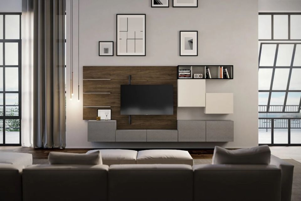 parete attrezzata con pannello in legno e moduli bianchi