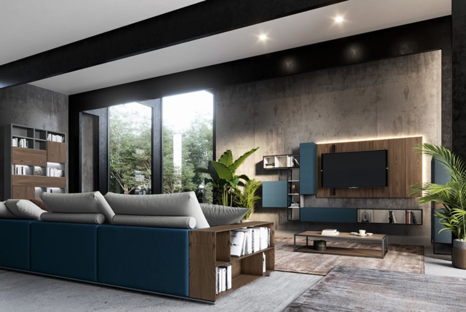 salotto con elementi blu e in legno